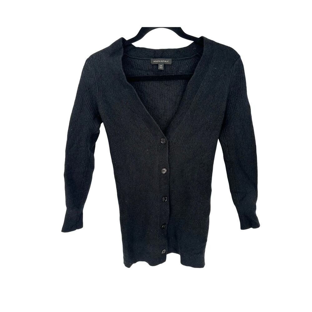 Banana Republic Sweater Womens XS Black Merino Wool Ribbed Cardigan Knit V-Neck